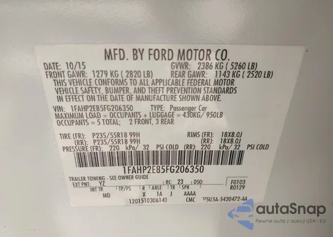 2015 Ford Taurus Sel из США, поврежденный, VIN 1FAHP2E85FG206350